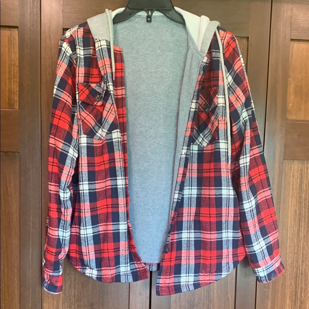 Red/Blue/Grey Plaid Hooded Jacket